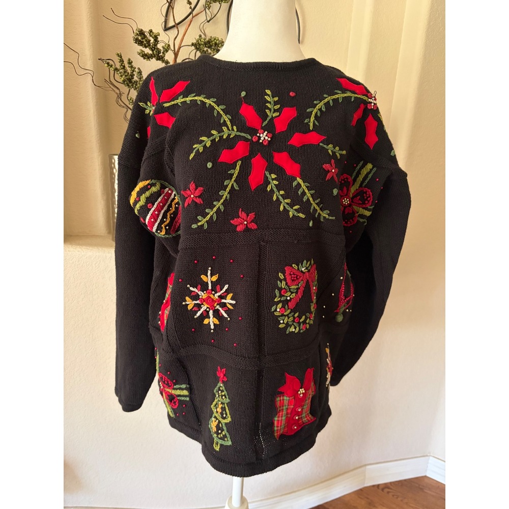 Kathie Lee Christmas Sweater Women Lg Black Vintage Holiday Embroidered Festive